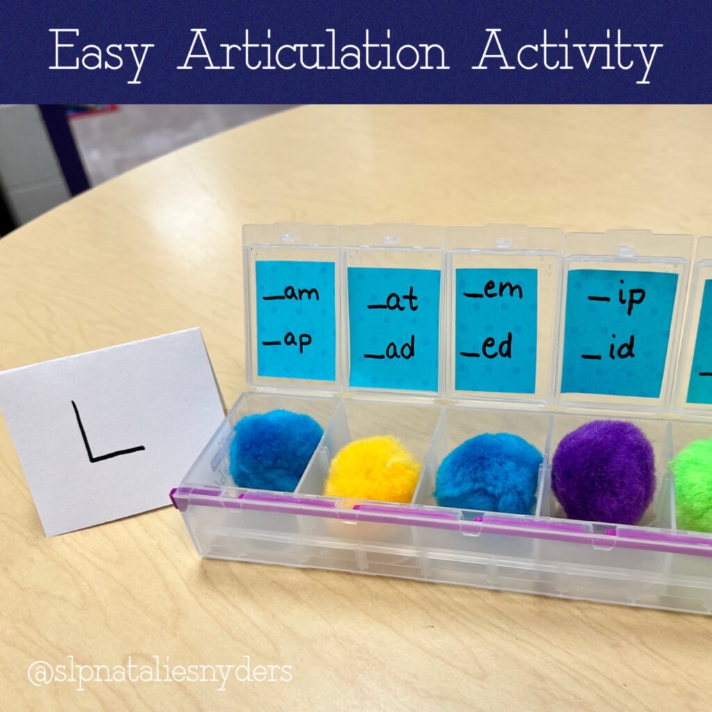 Easy articulation activity using a pillbox and pom poms